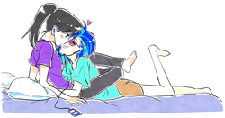 Size: 1204x632 | Tagged: safe, artist:megarexetera, character:dj pon-3, character:octavia melody, character:vinyl scratch, species:human, ship:scratchtavia, alternate hairstyle, barefoot, bed, blushing, eyes closed, feet, female, grin, headphones, heart, humanized, imminent kissing, ipod, leg lock, lesbian, pillow, ponytail, prone, shipping, simple background, sitting, smiling