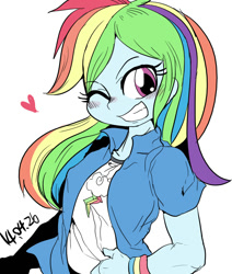 Size: 846x1000 | Tagged: safe, artist:nekubi, character:rainbow dash, my little pony:equestria girls, armband, blushing, clothing, female, heart, looking at you, one eye closed, simple background, solo, white background, wink