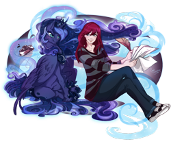 Size: 1280x1073 | Tagged: safe, artist:cigarscigarettes, character:princess luna, species:human, duo, ink, lauren faust, paper, quill, sitting, windswept mane, writing
