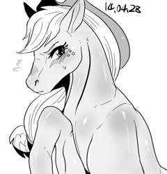 Size: 958x1000 | Tagged: safe, artist:nekubi, character:applejack, species:earth pony, species:pony, g4, blushing, clothing, female, frown, grayscale, hat, hoers, horse, looking at you, mare, monochrome, nervous, profile, raised hoof, realistic, realistic anatomy, shiny, simple background, solo, sweat, white background
