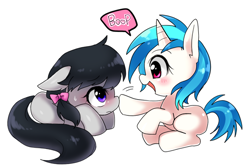 Size: 700x469 | Tagged: dead source, safe, artist:megarexetera, character:dj pon-3, character:octavia melody, character:vinyl scratch, species:pony, blushing, boop, bow, curled up, cute, dialogue, eye contact, filly, floppy ears, hair bow, looking at each other, open mouth, prone, simple background, sitting, smiling, speech bubble, sweat, tavibetes, vinylbetes, white background, younger