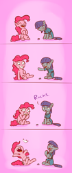 Size: 694x1655 | Tagged: safe, artist:poptart36, character:boulder, character:maud pie, character:pinkie pie, species:earth pony, species:pony, clothing, comic, cute, female, it runs in the family, laughing, mare, maudabetes, maximum trolling, prank, sisters, smiling, trolling, when she smiles