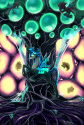 Size: 1000x1500 | Tagged: safe, artist:jiayi, character:queen chrysalis, species:changeling, g4, changeling larva, changeling queen, female, hive, profile, throne