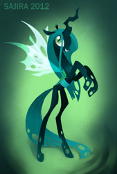 Size: 600x887 | Tagged: dead source, safe, artist:sambragg, character:queen chrysalis, species:changeling, changeling queen, fangs, female, rearing, smiling, solo, standing