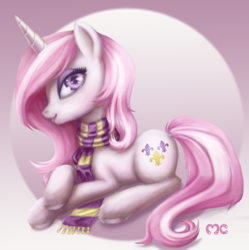 Size: 704x706 | Tagged: safe, artist:mcponyponypony, character:fleur-de-lis, bedroom eyes, clothing, fluffy, lipstick, looking at you, makeup, prone, scarf, smiling, solo