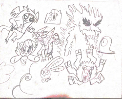 Size: 991x806 | Tagged: safe, artist:toon-n-crossover, idw, character:imp the mimicker, character:rainbow dash, species:mimicker, big boy the cloud gremlin, buer, camouflage slug, cloud gremlins, larry, monochrome, moon creature, nightmare forces, parasprite, runt the cloud gremlin, shadowfright, sketch, slug