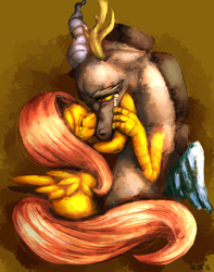 Size: 846x1074 | Tagged: safe, artist:nekubi, character:discord, character:fluttershy, species:draconequus, species:pegasus, species:pony, comforting, crying, cute, discute, duo, female, hug, male, sad, shyabetes