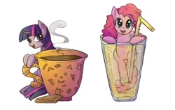 Size: 770x486 | Tagged: safe, artist:keterok, character:pinkie pie, character:twilight sparkle, species:pony, coffee, cup of pony, drink, food, lemonade, micro
