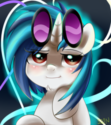 Size: 800x900 | Tagged: safe, artist:sion-ara, character:dj pon-3, character:vinyl scratch, species:pony, species:unicorn, blushing, chest fluff, female, hooves, horn, mare, smiling, solo, sunglasses