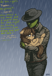 Size: 679x992 | Tagged: safe, artist:mcponyponypony, oc, oc only, oc:anon, oc:morning glory, species:human, bittersweet, blank flank, carrying, clothing, dialogue, fedora, hat, rain, request