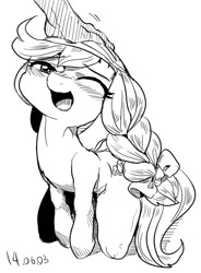 Size: 696x947 | Tagged: safe, artist:nekubi, character:jinx, species:earth pony, species:human, species:pony, amputee, blushing, braid, grayscale, hand, katawa jinx, monochrome, offscreen character, open mouth, petting, smiling, wink