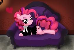 Size: 3866x2582 | Tagged: safe, artist:momo, character:pinkie pie, alternate color palette, alternate cutie mark, batmare, bruce wayne, clothing, crossdressing, cute, diapinkes, dress, heart, looking at you, pixiv, solo, twitchy tail