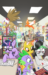 Size: 800x1229 | Tagged: safe, artist:pedantia, idw, character:ahuizotl, character:bon bon, character:bulk biceps, character:daring do, character:doctor whooves, character:gilda, character:lyra heartstrings, character:mane-iac, character:mare do well, character:spike, character:sweetie drops, character:time turner, character:twilight sparkle, character:twilight sparkle (alicorn), oc, oc:front page, oc:gemini star, oc:pedantia pixel, oc:phoenix comics, species:alicorn, species:griffon, species:pony, adventure time, amalthea, batman, bone (comic), captain america, comic book, comic shop, cover, dalek, dc comics, dice, doctor who, dungeons and dragons, female, finn the human, flash, general firefly, green lantern, hawkgirl, idw comic series, iron man, justice herd, justice league, mare, phoebe and her unicorn, silver, spider-man, superman, tabletop gaming, the flash, the last unicorn, the lone ranger, wonder woman