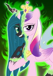 Size: 1280x1817 | Tagged: safe, artist:momo, character:princess cadance, character:queen chrysalis, species:changeling, character to character, disguise, disguised changeling, duality, fake cadance, solo, transformation