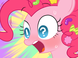 Size: 1600x1200 | Tagged: safe, artist:momo, character:pinkie pie, exclamation point, pixiv, question mark, solo