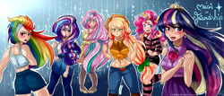 Size: 2500x1072 | Tagged: safe, artist:zorbitas, character:applejack, character:fluttershy, character:pinkie pie, character:rainbow dash, character:rarity, character:twilight sparkle, character:twilight sparkle (alicorn), species:alicorn, species:human, g4, abs, ass, belly button, clothing, eyebrows, eyebrows visible through hair, front view, full face view, human coloration, humanized, mane six, midriff, rainbow power, rainbutt dash, signature, three quarter view