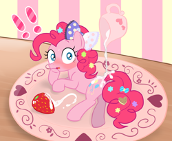 Size: 1234x1013 | Tagged: safe, artist:momo, character:pinkie pie, species:pony, askharajukupinkiepie, blushing, cream, cute, diapinkes, female, food, implied vore, looking at you, mare, pinup, plate, pony as food, pouring, solo, strawberry