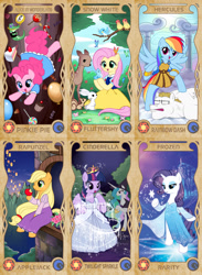 Size: 1347x1842 | Tagged: safe, artist:apzzang, character:angel bunny, character:applejack, character:bulk biceps, character:fluttershy, character:pinkie pie, character:princess celestia, character:rainbow dash, character:rarity, character:twilight sparkle, character:twilight sparkle (alicorn), species:alicorn, species:pony, alice, alice in wonderland, apple, armor, blonde, cinderella, clothing, disney, dress, elsa, fanmake, female, food, frozen (movie), hatless, hercules, mane six, mare, missing accessory, one of these things is not like the others, queen elsarity, rapunzel, snow white, tangled (disney)