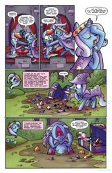 Size: 685x1054 | Tagged: safe, artist:agnesgarbowska, idw, official comic, character:rainbow dash, character:trixie, species:pegasus, species:pony, species:unicorn, friends forever, cape, clothing, comic, crown, crying, dialogue, dimondia, drama queen, female, hat, horse puns, idw advertisement, jewelry, mare, mud, ocular gushers, preview, queen trixiana the first, regalia, seaddle, speech bubble, trixie's cape, trixie's hat