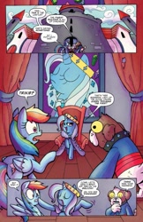 Size: 685x1054 | Tagged: safe, artist:agnesgarbowska, idw, official comic, character:rainbow dash, character:trixie, species:diamond dog, species:pegasus, species:pony, species:unicorn, friends forever, cape, chancellor jim, clothing, comic, crown, dialogue, female, idw advertisement, jewelry, mare, preview, queen trixiana the first, regalia, speech bubble, throne room, trixie's cape