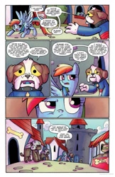Size: 685x1054 | Tagged: safe, artist:agnesgarbowska, idw, official comic, character:rainbow dash, species:diamond dog, species:pegasus, species:pony, friends forever, bone, chancellor jim, comic, dialogue, diamond dog guard, dimondia, female, frown, glare, idw advertisement, mare, open mouth, preview, raised eyebrow, sad, speech bubble, spread wings, stall, wings
