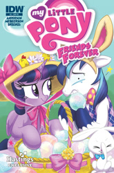 Size: 843x1280 | Tagged: safe, artist:amy mebberson, idw, character:angel bunny, character:shining armor, character:twilight sparkle, character:twilight sparkle (alicorn), species:alicorn, species:pony, friends forever, bunny ears, clothing, comic, cover, easter, easter egg, female, hastings, hat, mare, sun hat