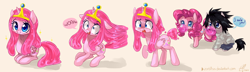 Size: 2500x715 | Tagged: safe, artist:zorbitas, character:pinkie pie, species:pony, adventure time, blushing, bubblegum, crossover, death note, dialogue, eating, food pony, l lawliet, open mouth, original species, ponified, princess bubblegum, speech bubble