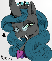 Size: 845x1000 | Tagged: safe, artist:nekubi, character:queen chrysalis, species:changeling, bedroom eyes, changeling queen, colored, cute, cutealis, fangs, female, glasses, heart, looking at you, one eye closed, portrait, reversalis, smiling, solo, wink