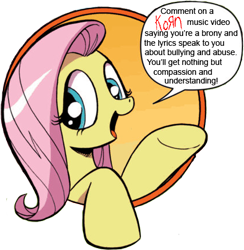 Size: 421x431 | Tagged: safe, idw, character:fluttershy, bad advice fluttershy, exploitable meme, korn, meme, solo, this will end in tears, youtube