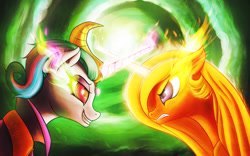 Size: 1920x1200 | Tagged: safe, artist:shydale, idw, character:princess celestia, duel, evil celestia, face to face, horn, horns are touching, prime celestia, reflections