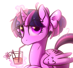 Size: 600x560 | Tagged: safe, artist:catitty, character:twilight sparkle, character:twilight sparkle (alicorn), species:alicorn, species:pony, alternate hairstyle, drink, female, mare, pigtails, solo