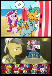 Size: 713x1034 | Tagged: safe, edit, edited screencap, idw, screencap, character:apple bloom, character:applejack, character:babs seed, character:daring do, character:fluttershy, character:princess cadance, character:rarity, character:snails, character:snips, episode:a canterlot wedding, episode:read it and weep, g4, my little pony: friendship is magic, accepted meme that never ends, applejack is not amused, audience reaction, bad treasure, beach, bridesmaid, clothing, exploitable meme, meme, memeception, one-piece swimsuit, snips and snails spying meme, swimsuit, the meme that never ends, voyeur