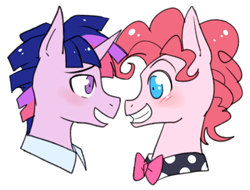 Size: 530x402 | Tagged: safe, artist:megarexetera, character:pinkie pie, character:twilight sparkle, oc:dusk shine, ship:twinkie, blushing, bow tie, bubble berry, bubbleshine, gay, male, rule 63, shipping
