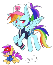 Size: 591x723 | Tagged: safe, artist:megarexetera, character:rainbow dash, character:scootaloo, species:pegasus, species:pony, blushing, cap, clothing, cosplay, crossover, duo, flying, hat, hilda, nate, pokémon, pokémon trainer, running, shorts, simple background, spread wings, sweat, wings
