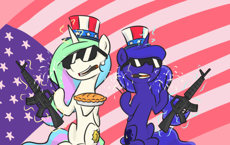 Size: 800x503 | Tagged: safe, artist:poptart36, character:princess celestia, character:princess luna, species:alicorn, species:pony, american independence day, animated, ar15, cigar, clothing, featured on derpibooru, flag, freedom, glowing horn, grin, gun, hat, hoof hold, independence day, levitation, m16, magic, murica, photoscape, pie, sitting, smiling, smoking, sparkler, sunglasses, telekinesis, united states