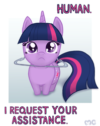 Size: 714x897 | Tagged: safe, artist:mcponyponypony, character:twilight sparkle, character:twilight sparkle (unicorn), species:pony, species:unicorn, :c, behaving like a cat, chibi, clothes hanger, cute, female, frown, hnnng, horn, implied human, looking at you, looking up, mare, meme, parody, ponified animal photo, requested art, sad, sadorable, silly, silly pony, simple background, solo, stuck, sweet dreams fuel, twiabetes, twilight cat, weapons-grade cute, white background