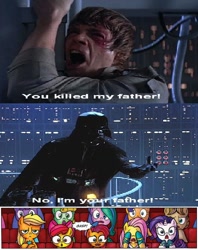 Size: 576x726 | Tagged: safe, idw, character:apple bloom, character:applejack, character:babs seed, character:rarity, applejack is not amused, audience reaction, crossover, darth vader, exploitable meme, forced meme, i am your father, luke skywalker, meme, star wars, the empire strikes back