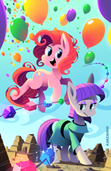Size: 1280x1962 | Tagged: safe, artist:karzahnii, character:maud pie, character:pinkie pie, species:earth pony, species:pony, balloon, clothing, dress, female, happy, mare, open mouth, pie sisters, rock candy necklace, siblings, sisters