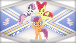 Size: 1920x1080 | Tagged: safe, artist:thatguy1945, artist:vipeydashie, character:apple bloom, character:scootaloo, character:sweetie belle, species:pegasus, species:pony, bipedal, cutie mark crusaders, emblem, logo, misspelling, pyramid, vector, wallpaper