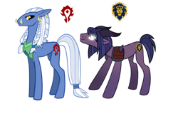 Size: 600x384 | Tagged: safe, artist:sambragg, oc, species:pony, alliance, crossover, draenei, ear piercing, floppy ears, glowing eyes, horde, horns, official content, piercing, ponified, simple background, smiling, t shirt design, transparent background, troll, tusk, warcraft, world of warcraft