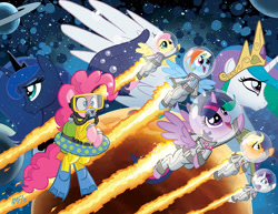Size: 981x756 | Tagged: safe, artist:tonyfleecs, idw, character:applejack, character:fluttershy, character:pinkie pie, character:princess celestia, character:princess luna, character:rainbow dash, character:rarity, character:twilight sparkle, character:twilight sparkle (alicorn), species:alicorn, species:pony, astrodash, astronaut, bubble, clothing, cover, female, jetpack, jetpack comics, mane six, mare, mars, mask, ponies in space, scuba, scuba gear, space, space suit