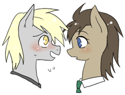Size: 530x402 | Tagged: safe, artist:megarexetera, character:derpy hooves, character:doctor whooves, character:time turner, ship:doctorderpy, blushing, dopey hooves, dopeytoress, eye contact, female, happy, male, open mouth, rule 63, shipping, smiling, straight, the doctoress