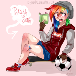 Size: 1500x1500 | Tagged: safe, artist:zorbitas, character:rainbow dash, species:human, ball, bandaid, beanie, blushing, book, clothing, cut, dialogue, fingerless gloves, football, gloves, hat, hoodie, humanized, injured, looking back, obey, open mouth, shoes, shorts, sitting, skateboard, solo, swag