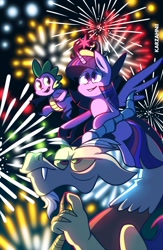 Size: 1253x1920 | Tagged: safe, artist:karzahnii, character:discord, character:spike, character:twilight sparkle, character:twilight sparkle (alicorn), species:alicorn, species:pony, crown, female, fireworks, mare, unamused