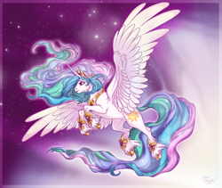 Size: 1024x863 | Tagged: safe, artist:cigarscigarettes, character:princess celestia, flying, majestic, solo, unshorn fetlocks
