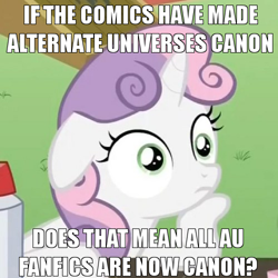Size: 500x500 | Tagged: safe, idw, character:sweetie belle, exploitable meme, image macro, meme, solo, sudden clarity sweetie belle