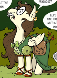 Size: 305x417 | Tagged: safe, artist:katiecandraw, idw, official, character:gizmo, species:elf, species:pegasus, species:pony, androgynous, arrows, bag of holding, bard, bow, clothing, comic, crossdressing, dress, earring, glasses, lejandar gygax, male, moustache, ogres and oubliettes, saddle bag, shoes, solo, stallion