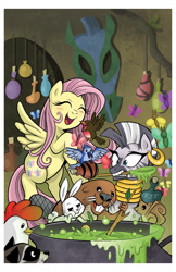 Size: 825x1275 | Tagged: safe, artist:brendahickey, idw, character:angel bunny, character:fluttershy, character:zecora, species:bird, species:chicken, species:pegasus, species:pony, species:rabbit, species:zebra, friends forever, angel is a bunny bastard, animal, beaver, butterfly, cover, happy, raccoon, squirrel