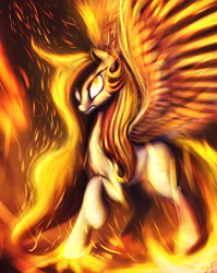 Size: 1017x1280 | Tagged: safe, artist:shydale, idw, character:princess celestia, angry, fire, prime celestia, solo