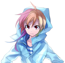 Size: 651x629 | Tagged: safe, artist:megarexetera, character:rainbow dash, species:human, clothing, female, hoodie, humanized, looking at you, simple background, solo, white background